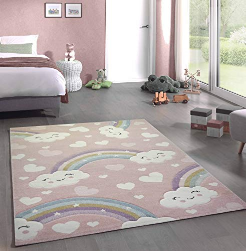 CARPETIA Barn Lekmatta Pojke Regnbåge och Moln Rosa Barnmatta Storlek 160 x 230 cm