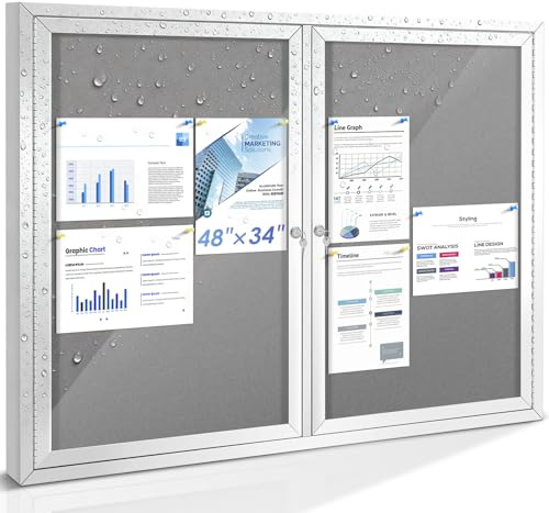 SWANCROWN Outdoor Lockable Notice Board Weatherproof 120x90cm, 2 Doors | Tamperproof, Grey Felt, 10xA4, Locking Door, Shatterproof, Wall Mount, Aluminum Frame, Noticeboard for Offices Schools Stores