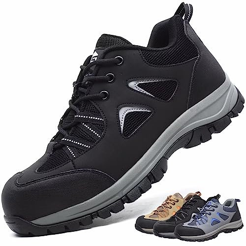 Zapatos de Seguridad Hombre Mujer Calzado de Trabajo Ligeros Antideslizante Zapatillas de Seguridad con Punta de Acero Negro 42