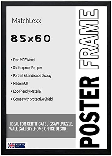 MatchLexx Modern Sturdy & Durable Large Black 85x60 cm Picture Poster Frames | Wooden Frames with HD Perspex Front picture Gallery Jigsaw Puzzle | Perfect for Home & office Decor