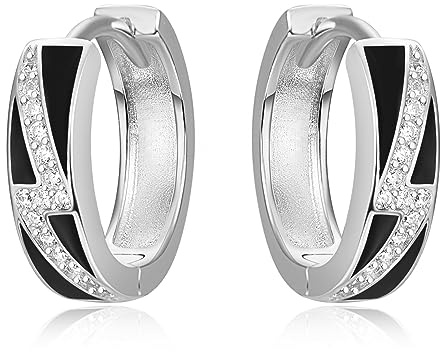TANGPOET Herren Ohrringe Silber 925 Schwarz Blitz Ohrring Männer Klappcreolen Creolen Klein Ohrschmuck Geschenke für Frauen Damen Jungen Mädchen