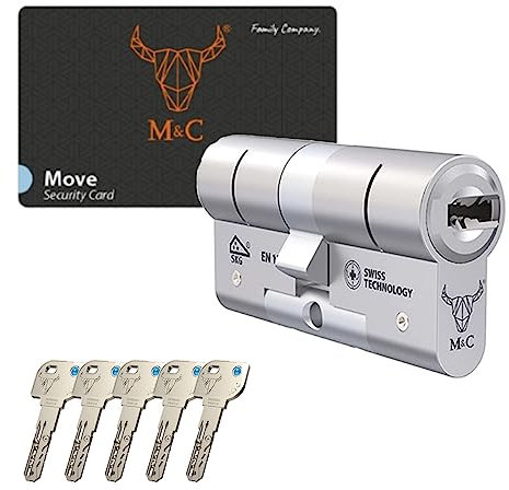 M&C Move Bombín Cerradura Alta Seguridad Anti Topolino Leva Larga Doble Embrague Seguridad Máxima SKG 3 Estrellas Anti Bumping Anti Taladro Níquel Pulido 5 Llaves Incluidas (32x32mm)