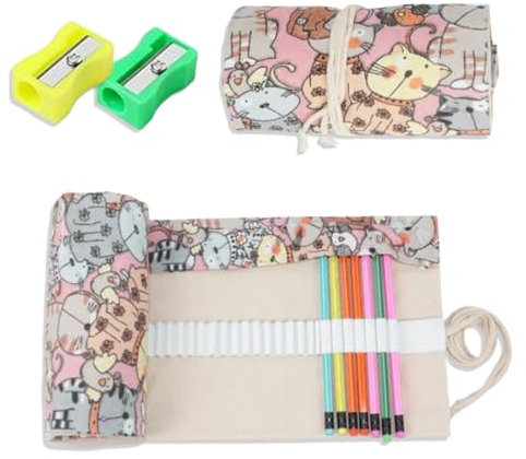 OIUAVYR 1 Stück Stifterolle Rollmäppchen 72 Löcher Stifterolle Kinder Rollmäppchen Pinsel Canvas Pinseltasche Künstler Waschbar für Aquarellstifte Bleistifte Buntstifte Schule,mit 2 Bleistiftspitzer