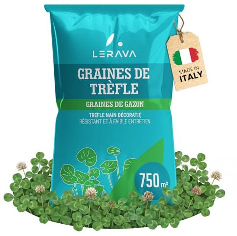 LERAVA Trifoglio Nano semi prato (750 m²) - Non richiede taglio - Semi trifoglio nano per prato verde - Migliora fertilità del suolo e copertura calpestabile - Fioritura bianca per giardini - 3kg