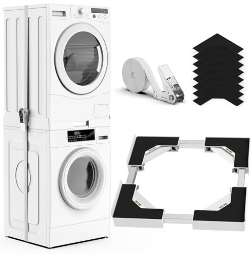 YUZEER Kit de Superposition Universel pour Lave-linge et Sèche-linge, avec Corde à Cliquet, Taille du Cadre de Superposition Réglable, Convient aux Lave-linge et Sèche-linge de 45 à 68 cm(Blanc)