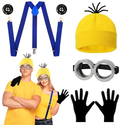 Dekewe 5PCS Erwachsene Kinder Gelbes Kostümzubehör Set, Includes Brille Mütze Handschuhe Knöpfe Hosenträger, Faschingskostüm, Halloween Karneval Party Kostüme für Männer, Frauen und Kinder