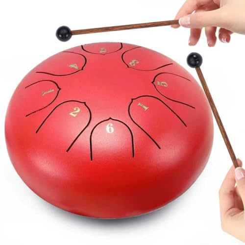 Tungtrumma 15 cm (6 tum) 8 ton | Ståltongue trumma | Handpanna för meditation och avkoppling, yoga, familjeaktiviteter | Trädgård regntrumma instrument (röd)