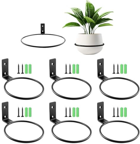 Confezione da 6 anelli porta vasi da fiori 10,2 cm, metallo nero, supporto per vasi da parete, uso interno ed esterno, decorazione giardino con viti