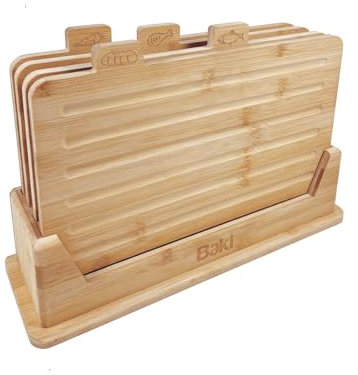 Baki Premium Bamboo Chopping Board Set of 4 Perfect for Bread Fish, Meat, and Vegetables with Rack