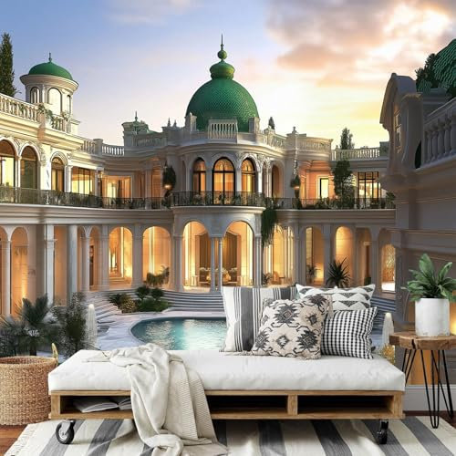 Papel Pintado Fotográfico con Efecto 3D Lujo Villa, Pintura de Barroco Arquitectura, 150Anx105Al cm Mural Panorámico, Tapiz de Pared Grande, Decorativo para Dormitorio, Respetuoso
