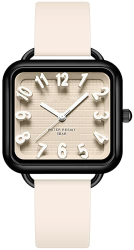 findtime Women Watch 3D Designer Big Arabic Numbers Square Dial Easy to Read Watches Colorful Apricot Silicone Strap Reloj para Mujer
