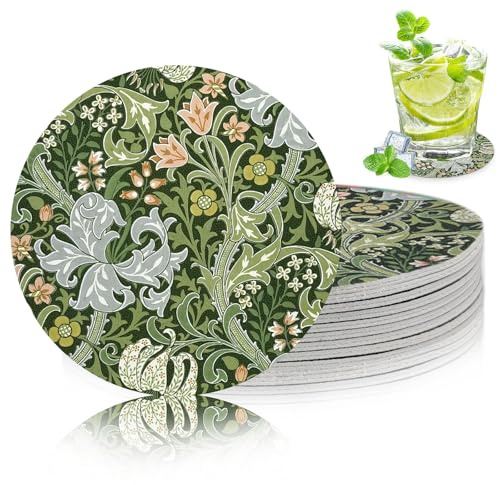 JTENGYAO 10Pcs William Morris Larkspur Coasters, Vintage Botanical Floral Garden Decorative Coasters for Home, Office, Kitchen | Elegant Drinks Placement with Smooth Edges for Tea, Coffee, and More