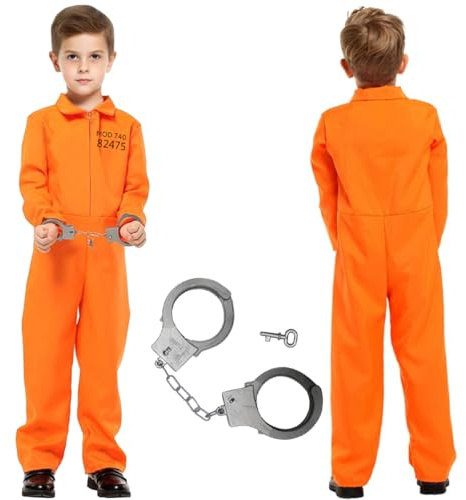 WELLXUNK Disfraz de Convicto Naranja para Niño, Mono Naranja Preso para Niño Con Esposas, Disfraces Infantiles Preso, Kids Prisoner Costume para Halloween, Cosplay, Fiesta Temática