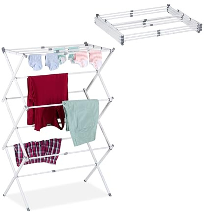 Relaxdays Stendibiancheria Verticale, Stendino Pieghevole a Torre, 11 Aste, 6 Livelli, 105x73x37 cm, Metallo, Bianco