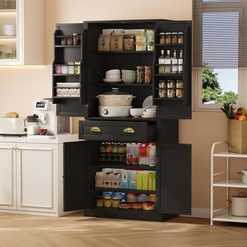Generisch Armadietto da cucina con 1 cassetto e 4 ante, 2 ante con ripiani. Armadio alto, vetrina con 6 scomparti, ripiani regolabili, 80 x 40 x 182 cm, nero