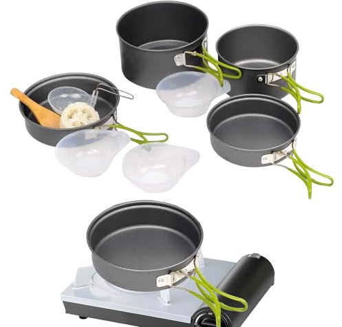 Ahuuen Juego de Ollas para Camping | Utensilios de Cocina de Viaje | Ollas Sartenes Apilables Antiadherentes con Asas para Camping Senderismo Autocaravana Acampada Picnic Aventuras Exteriores