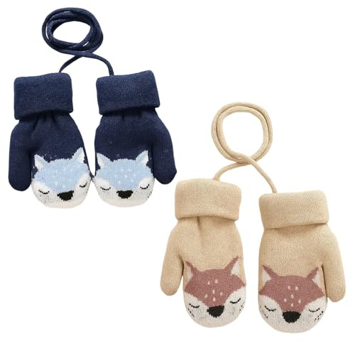 2 Pairs Baby Boys Girls Winter Knitted Mittens, Kids Knitted Gloves,Cute Fox Warm Lined Mittens Gloves with Furry Lining Hanging on Neck for Toddler Girls Boys Age 1-3 Years for Xmas Gift