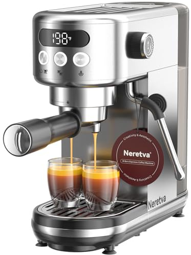 Neretva Cafetera, 20 Bares Cafetera Espresso 1350W Ultracompacta de Acero Inoxidable Con Pantalla LED & Vaporizador & Depósito de1.3 L Cafetera Express Profesional Doméstica – Espresso/Macchiato/Latte