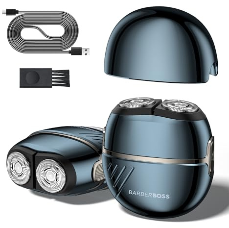 BarberBoss Men’s Electric Shaver, Portable Rotary Shaver, Carbon Steel Blades & 8500 RPM Motor, USB Rechargeable, Travel Lock, Compact Beard & Face Shaver for Men, QR-2702