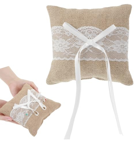 Nogeqi Cuscino per anelli per matrimonio, in pizzo, con nastro in raso, in lino, per matrimonio, per fidanzamento o richiesta, cerimonia di matrimonio