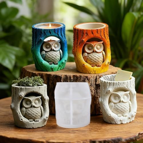 Stampo in silicone 3D, per primavera, per colata di primavera, ceppo, gufo, per fiori, in silicone, per primavera, vaso di gesso per versare resina epossidica (A)