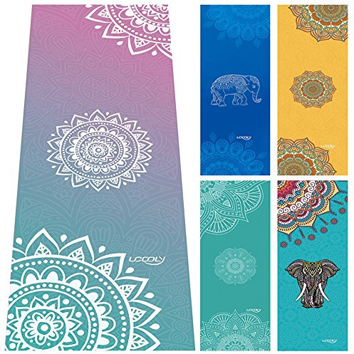 Ucooly Yoga Handtuch, Mattenhandtuch mit Smart Ecktaschen und elastischer Schlaufe, Rutschfestes Hot Yoga Handtuch für Bikram, Pilate,Fitness 61x182,9cm von, damen, Mandala-Purple