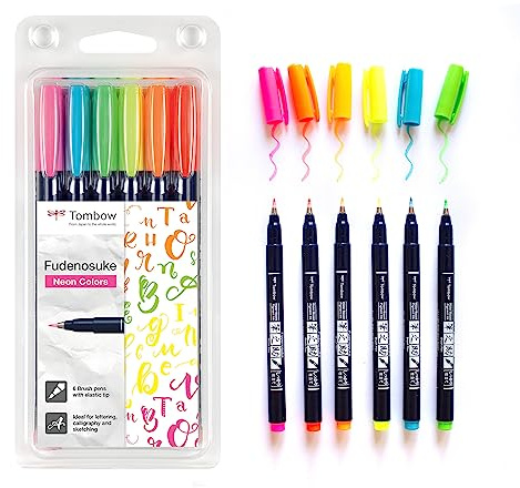 Tombow WS-BH-6P pensel penna Fudenosuke neon set om 6, hård spets, rosa, gul, grön, orange, röd, blå