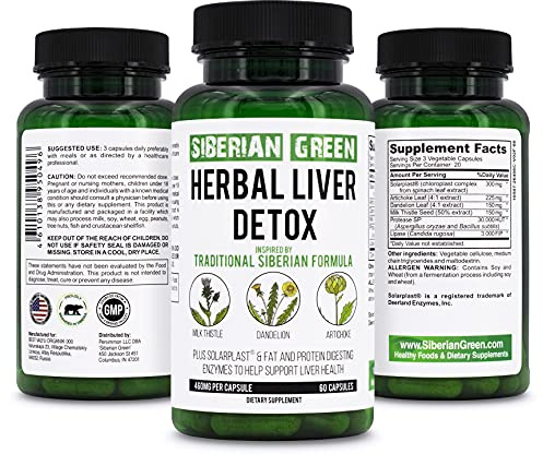 Siberian Green Herbal Liver Detox with Milk Thistle Artichoke Dandelion 60 Capsules – Traditional Siberian Formula Plus Enzymes to Support Liver Health