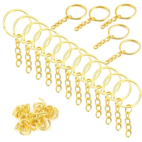 YHYZ Keychain Ring Set (Gold, 30 Sets), Splits Key Ring Hoops (Round) with Chain + Jump Rings, for DIY Craft Tassels Resin Art Jewellery Making Attachment