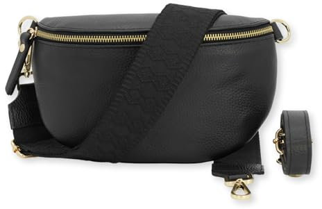 BRISE Bauchtasche Damen Echtleder SAHEL Gold Handgemachte Umhängetasche Crossbody Bag Hüfttasche mit Ledergurt + Optionalen Breiten Gemusterten Riemen Gürteltasche Made in Italy (Schwarz-Gold 4)