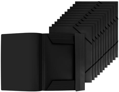 12 Pcs Einschlagmappe A4 mit Gummizug, Sammelmappe PP-Kunststoff Eckspanner A4 Mappe PP DIN A4 mit 2 Gummizügen, Dokumentenmappe, Leichter Ordner für Akten, Besprechungen, Berichte, Bürobedarf-Schwarz