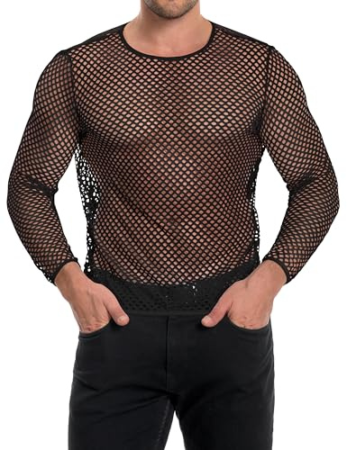 Men's Mesh Fishnet Fitted Long Sleeve Muscle Top Crew Neck Tee Clubwear(Black,L)