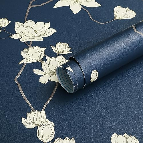 Fiula Self Adhesive Vinyl Wrap Roll Floral Peel and Stick Wallpaper 41CMx3M Stick on Wallpaper Vintage Botanical Contact Paper Furniture Sticker Cabinet White Flower Bedroom Waterproof Navy Blue