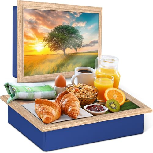 Empire - Bandeja de regazo con cojín de puf - Bandeja de regazo acolchada suave de madera con cojín para comer, beber y portátil - Ideal para desayuno, cena, aperitivos y trabajo - cómoda, portátil