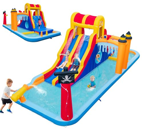 COSTWAY Castillo Hinchable Acuatico, 4 en 1 Castillo Hinchable para Niños 3-10 Años con 3 Niños, 693 x 295 x 263 cm, Seco y Agua, Insuflavel Crianças Interior Exterior
