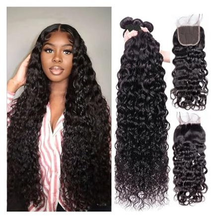 Haarverlängerungen Wasser Welle 3 4 Bundles mit Verschluss Brasilianische Menschliche Haar Welle Lockige Webart Bundles mit Frontal Natürliche Farbe Remy Haar verlängerung Echthaarbündel (Size : 6 x