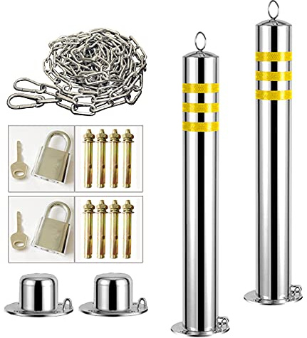 Parking Barrier 2 Pack Bollard Post and 5m Warning Chain, Parking Bollard for Lane Security, Stainless Steel Detachable Drive Bollard(Size:76×800mm) (76×650mm)