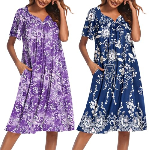 Ekouaer Paquete de 2 vestidos de casa para mujer con bolsillos de manga corta Moo Moos con estampado floral Mumu