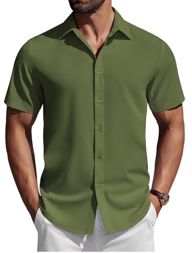 COOFANDY Mens Short Sleeve Summer Lightweight Casual Shirts Regular Fit Business Smart Button Down Shirt Solid Color Holiday Top Army Green XL