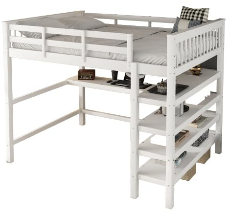 Loftsäng barnsäng 140 x 200 cm med skrivbord och öppen förvaringshylla, träsäng, funktionell säng med ribbotten och skydd, barnvåningssäng, sängram med stege, utan madrass (vit)