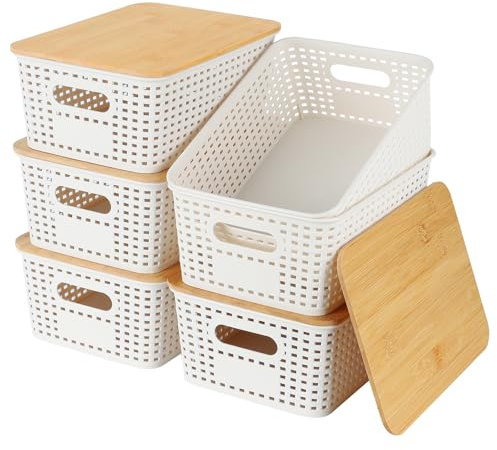 Esilihom 6Pcs Storage Boxes with Bamboo Lid, Plastic Lidded Storage Baskets, White Stackable Boxes, Small Box with Lid for Kitchen Bathroom Desktop Closet Office, 5L