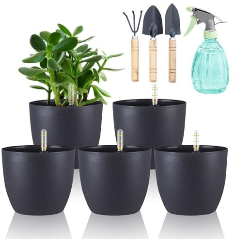 DENUOTOP Selbstbewässerungstopf, Blumentopf mit Bewässerungssystem, Pflanzentopf mit Wasseranzeiger Schwarz 5er-Set 15cm Hydrokultur Topf, Übertöpfe für Zimmerpflanzen und Außenbereich