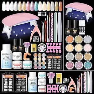 WONEDIRR Acrylic Nail Kit: 4 Colors Acrylic Powder Nail Kit - Adjustable Time Nail Lamp Nail Extension Kit with Base Coat/Top Coat - 75ml Acrylic Liquid for DIY Nail Art