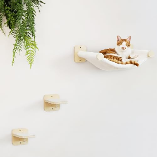 FUKUMARU Cat Wall Hammock with Two Steps Set, Modern Cat Climbing Shelves Furniture, Kitty Bed with Thickened Fabric for Sleep, Climb and Play