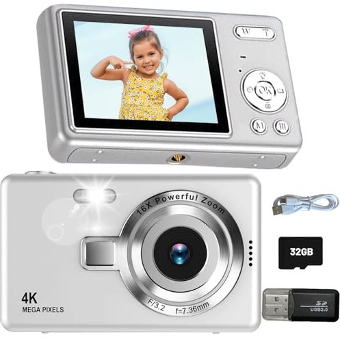Digital Camera, 1080P 44MP Compact Cameras with 32GB Memory Card, Simple Digital Camera with Anti-shake,Portable Small Camera 2.4 LCD Screen Vlogging Camera for Kids 6-16 Beginner Student