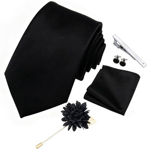 Xynovate Corbatas de Hombre, Corbata de Sarga de Color Sólido Incluye Gemelos Cuadrados de Bolsillo, Pinza de Corbata y Broche de Flores para Fiestas, Negocios, Bodas(Negro)