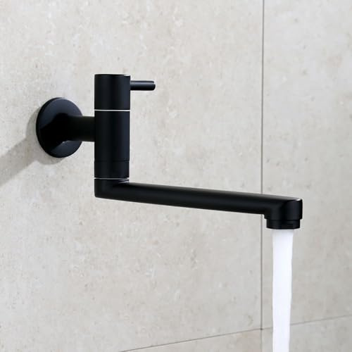 HomeLava Grifo de cocina para montaje en pared, solo agua fría, grifo de pared con caño giratorio 360, largo 18 cm, acero inoxidable negro