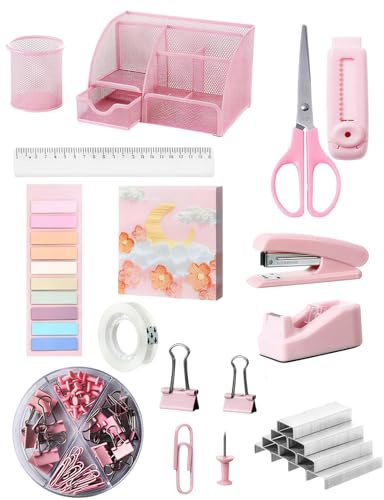 Organizador de Escritorio y Set de Útiles de Oficina, Set de Accesorios de Escritorio 12 en 1 con Porta Lápices, Grapadora, Set de Abrazaderas, Dispensador de Cinta Adhesiva, Cinta Adhesiva, Regla