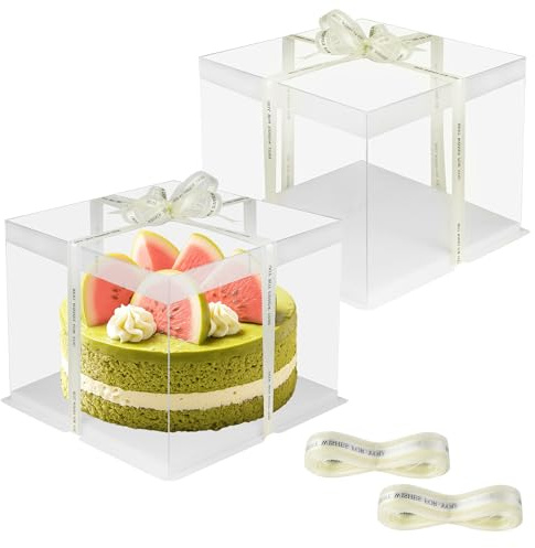 JIYANA 2 scatole per torta trasparenti 30 x 30 x 25 cm con 2 nastri, Scatole Trasparenti Per Bomboniere per torte da 10 pollici, adatte per compleanni, matrimoni, feste, confezioni regalo
