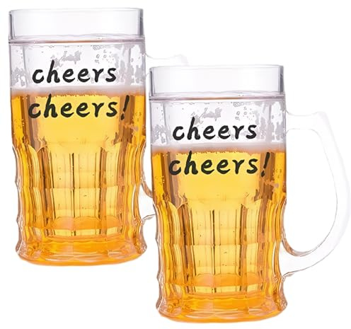Bemonew Boccali da birra con manici 2 pezzi boccali da birra in plastica 420 ml da in plastica a doppio strato divertenti e realistici modello mezzanino con manici per scherzi decorazioni